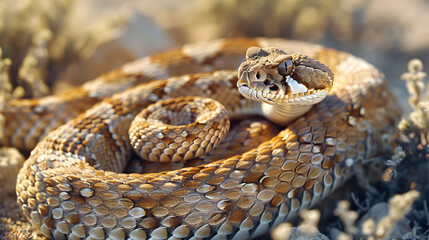 Fototapeta premium The Majestic RQ Rattlesnake: A Dance of Danger and Beauty in an Arid Landscape