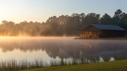 Fototapeta premium Cabin by Misty Lake at Sunrise Reflecting in Calm Water
