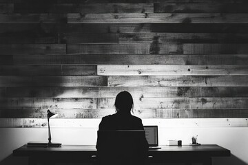 Person silhouetted at desk working on laptop in front of wood wall.