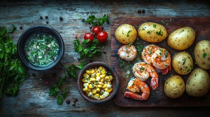 Roasted shrimp and potatoes with corn salsa on rustic wooden board