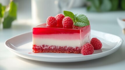 Raspberry layered dessert on white plate in sunlit kitchen setting