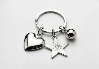 Shiny Silver Keychain with Heart and Star Charms, Connected by Metal Chain, Elegant Accessory, Perfect Gift for Any Occasion