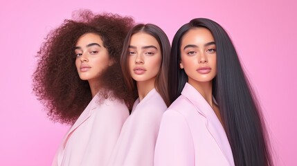 Three diverse women with voluminous hair and pink jackets against a pink background