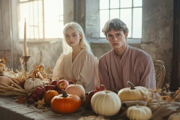 A young couple sits at a rustic autumnal table adorned with pumpkins, apples, and wheat, creating a cozy and romantic atmosphere.
