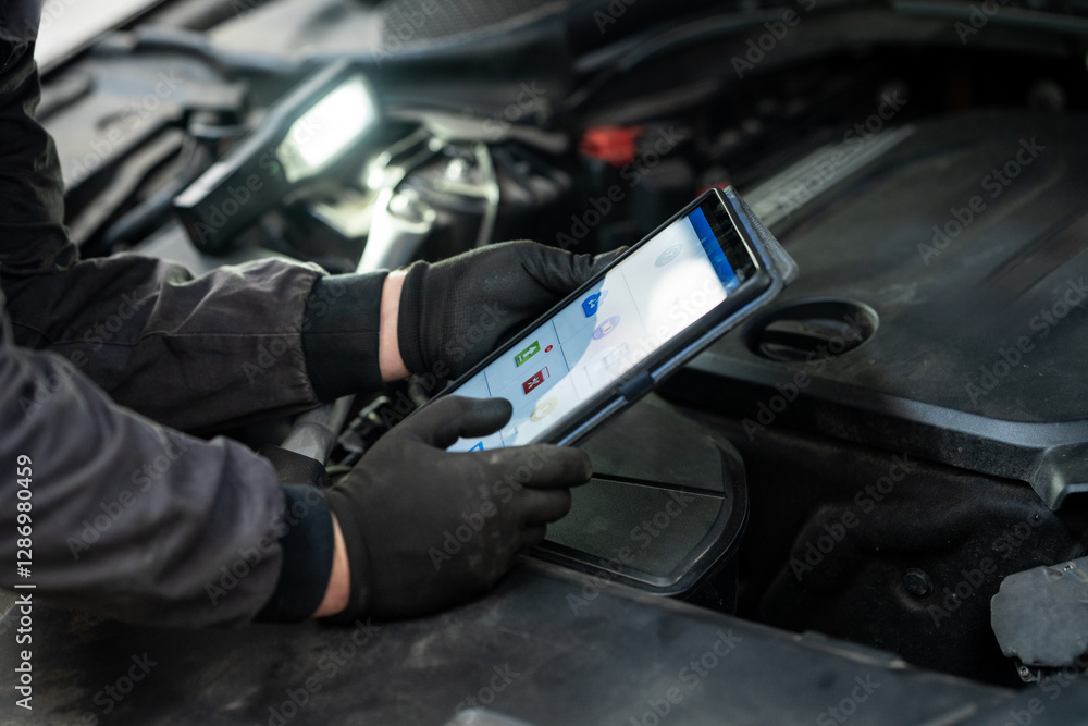 Poster serviceman with tablet checks car software in car service