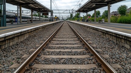 Fototapeta premium Train tracks at station platform on a cloudy day. Possible use Stock photo for travel, transportation, or railway related publications