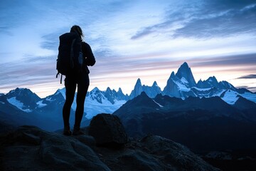 Fototapeta premium Silhouette of a hiker with a backpack admiring a majestic, snow-capped mountain range at dawn.