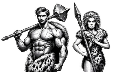 Obraz premium Prehistoric Power Duo in Scratchboard Detail – AI Generated Transparent PNG