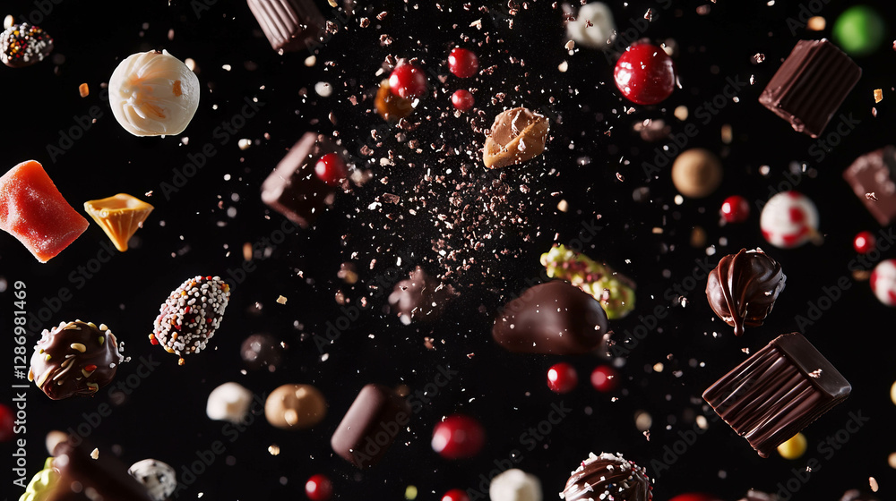 Poster dynamic array of colorful falling bonbons and chocolates on dark background