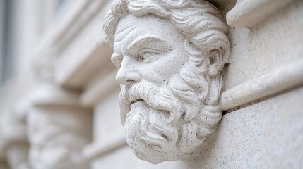 Ornate stone carved male head; architectural detail on building exterior; possible use for stock photography