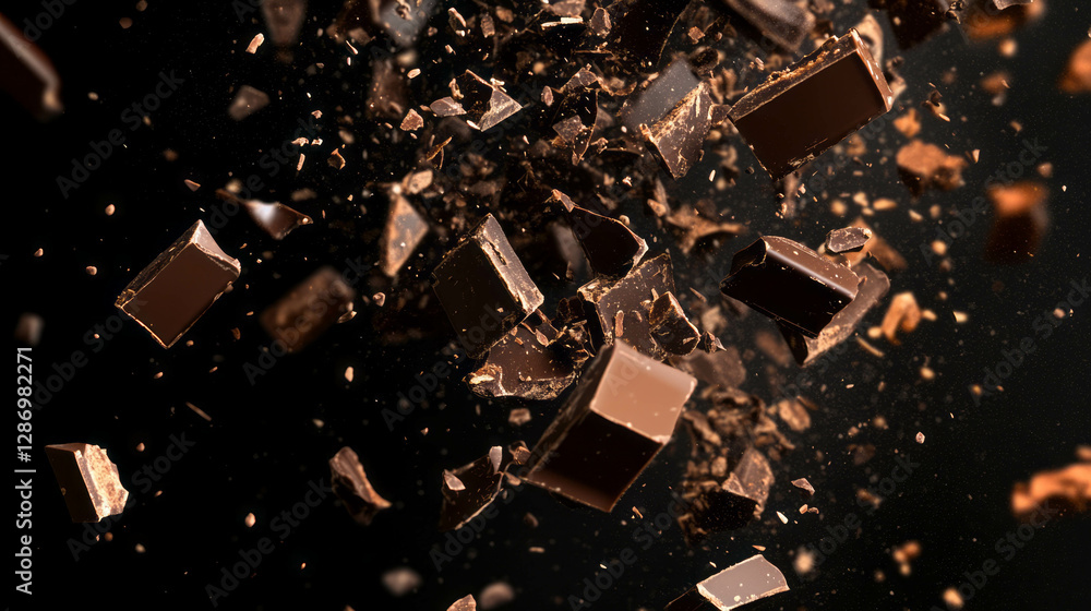 Poster dynamic explosion of falling chocolate bar fragments on dark background