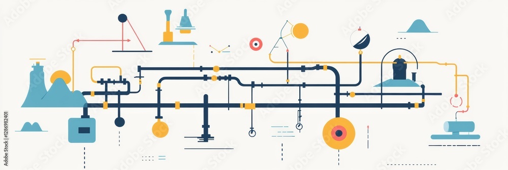 Poster minimalist infographic illustrating gas pipeline networks and flow dynamics in energy distribution s