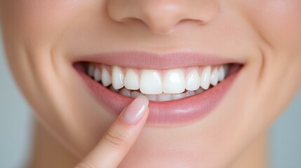 Obraz premium Close-up of a smiling mouth with healthy white teeth and finger pointing at dental care concept