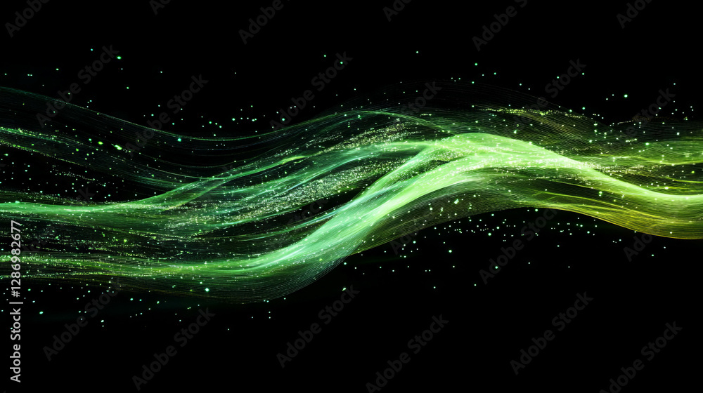 Poster dynamic flow of green digital data streams with glowing particles
