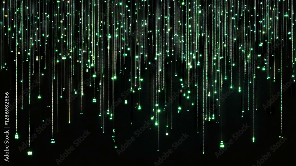 Poster futuristic digital data streams falling in matrix-inspired green background for tech design