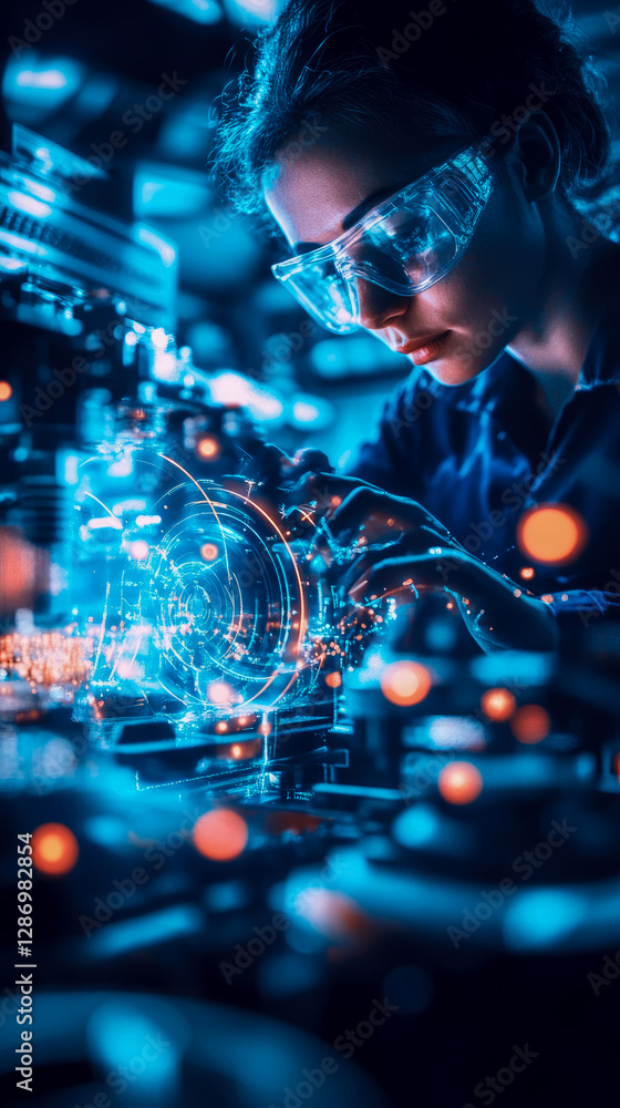 Poster future tech: engineer's precision work with advanced technology and protective gear in laboratory en