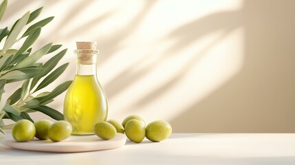 Olive oil bottle with fresh olives and olive branch on light background