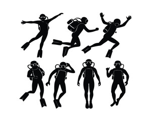 black and white Hand drawn scuba diver silhouette bundle set
