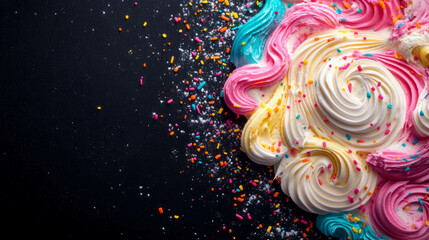 Colorful frosting swirls and sprinkles on dark background for celebration themes