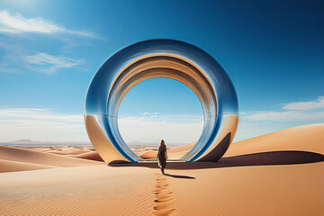 Mirrored Ring in the Desert &ndash; Futuristic Reflective Portal in an Endless Sandscape