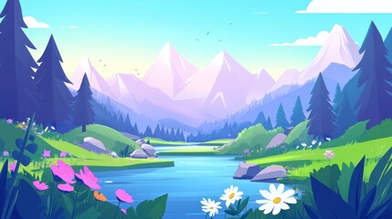 Scenic Mountain River Landscape with Meadows and Wildflowers Illustration