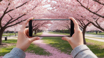 Person Photographing Cherry Blossoms with Smartphone, Soft Petals Framing the Screen