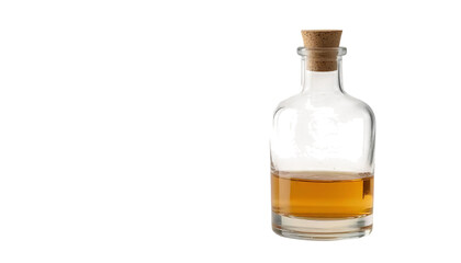 "A single transparent glass bottle with a cork stopper, empty and placed on a pure white background"