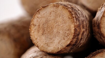 A close-up view of a cut section of a root vegetable, showcasing its textured surface and natural color.
