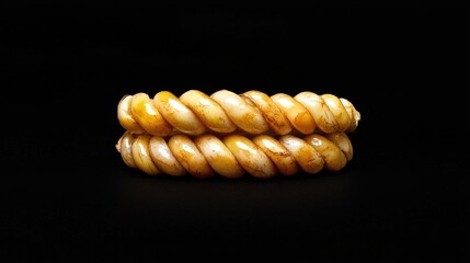 A twisted, golden bracelet elegantly displayed against a black background, highlighting its intricate design and craftsmanship.