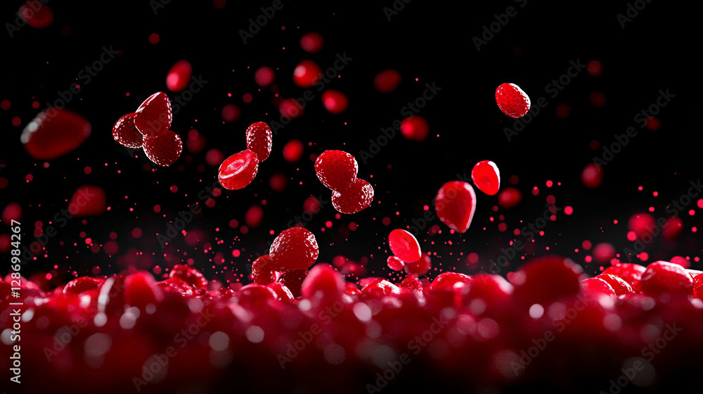 Poster dynamic background of falling red strawberries with soft lighting