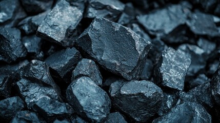 A close-up image of dark, rough coal pieces, highlighting their texture and irregular shapes.