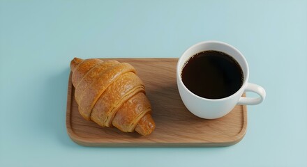 Un croissant y una taza de café negro en una montaña rusa de madera, sobre un fondo azul claro, foto de estudio, vista de ángulo alto