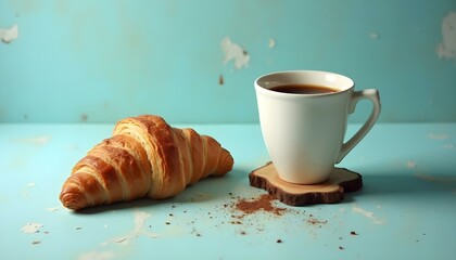 Un croissant y una taza de café negro en una montaña rusa de madera, sobre un fondo azul claro, foto de estudio, vista de ángulo alto