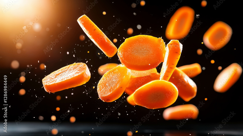 Poster dynamic motion of falling sliced carrots against a dark background
