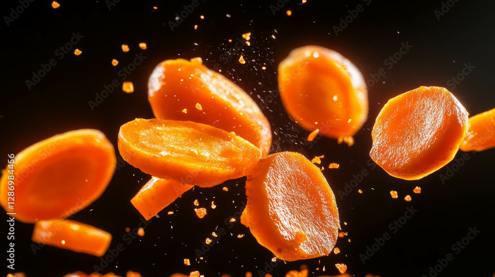 Poster dynamic display of falling sliced carrots - vibrant background for culinary design