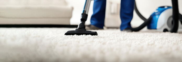 Professional carpet cleaning service in a modern apartment, showing a worker using a high-end vacuum cleaner on a plush living room carpet