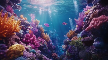 Naklejka premium Stunning Marine Wildlife Diver Vibrant Coral Reefs Underwater Exploration