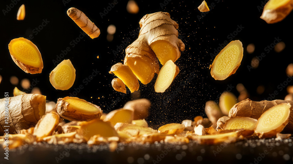 Poster dynamic background of falling sliced ginger roots for culinary and natural remedies design