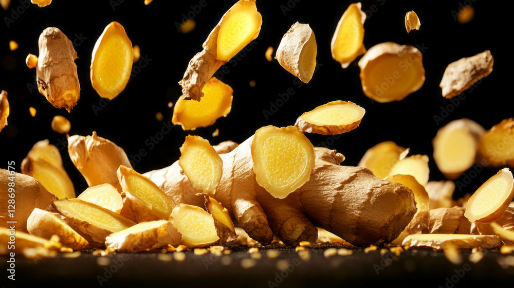 Poster dynamic display of falling sliced ginger roots on dark background