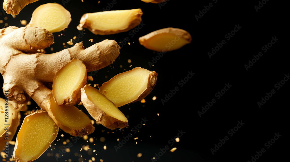 Poster dynamic display of falling sliced ginger roots on black background for culinary and health concepts