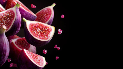 Fototapeta premium Dynamic background of falling sliced figs with purple and pink accents for creative design