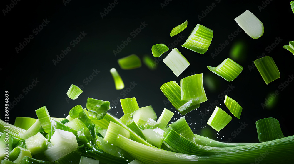 Poster dynamic capture of falling sliced leeks against dark background for culinary design