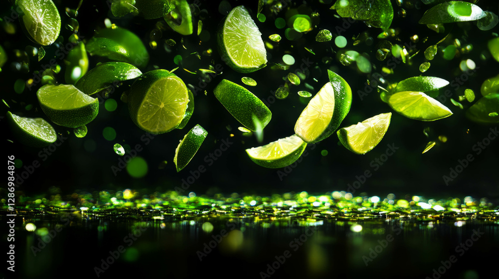 Poster refreshing summer vibes with falling sliced limes on dark background