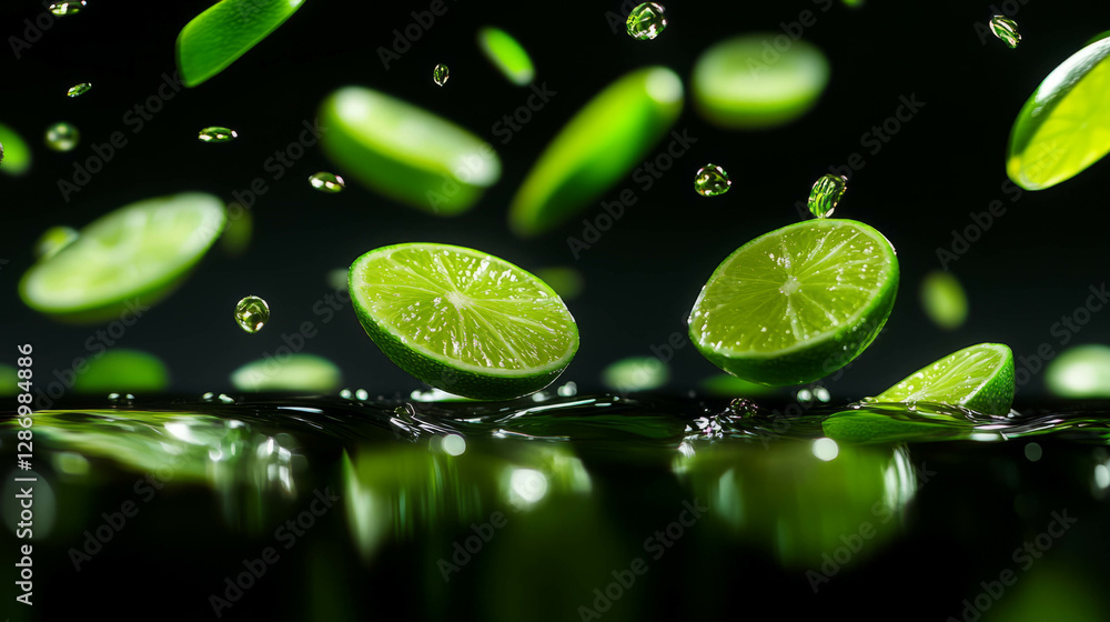 Poster refreshing concept of falling sliced limes in dynamic green background