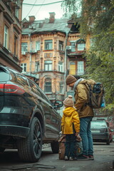 Obraz premium In a charming city street with vintage architecture, a father and child stand beside a parked car, both dressed warmly for the cool autumn weather. They seem ready for an adventure