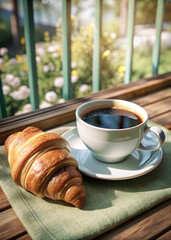 one cup of coffee and one croissant on a table, Quotes and pub banner, foods