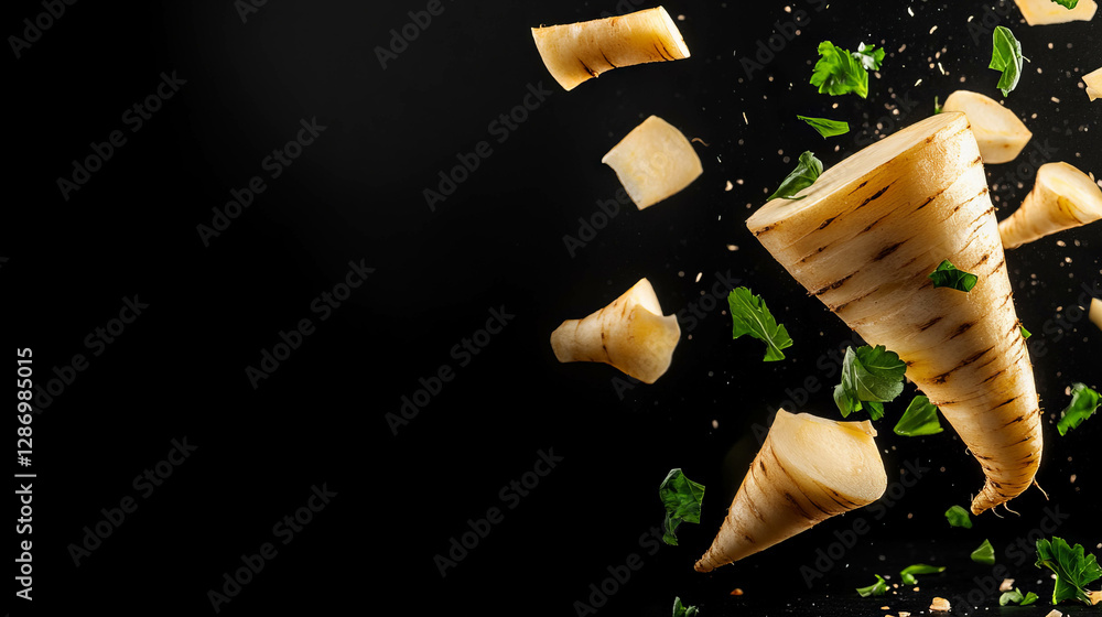 Poster fresh parsnip and herb explosion on black background for culinary design