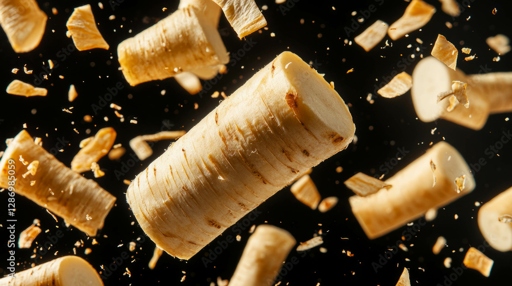 Aufkleber dynamic background of falling sliced parsnips for culinary design