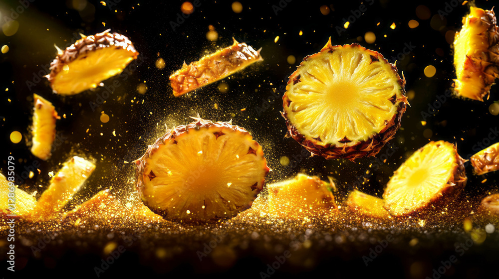 Poster dynamic background of falling sliced pineapples with yellow sparkles for tropical design