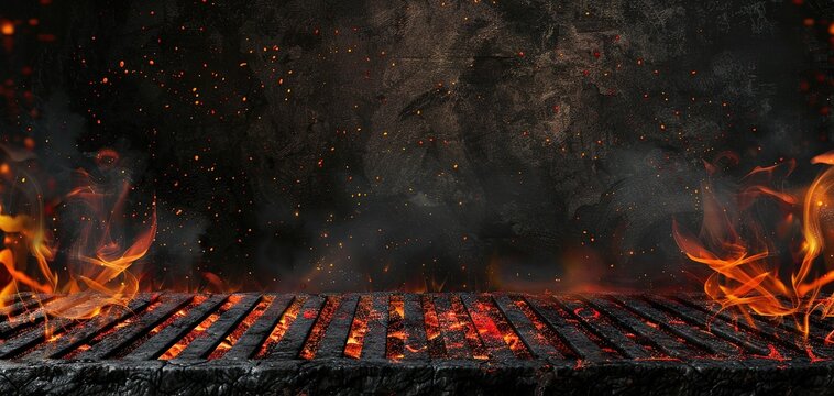 Hot empty portable barbecue BBQ grill with flaming fire and ember charcoal on black background